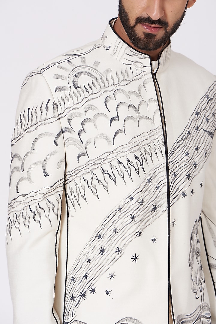 Ivory Hand Painted Wedding Bandhgala Jacket Set by Jatin Malik at Pernia's Pop Up Shop