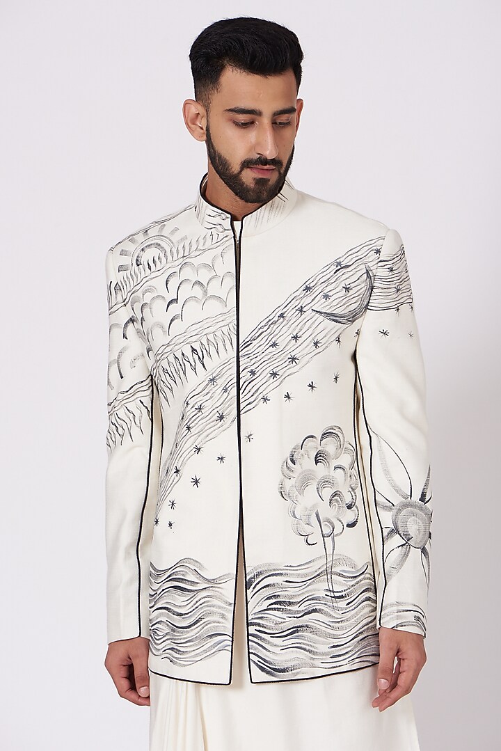 Ivory Hand Painted Wedding Bandhgala Jacket Set by Jatin Malik at Pernia's Pop Up Shop