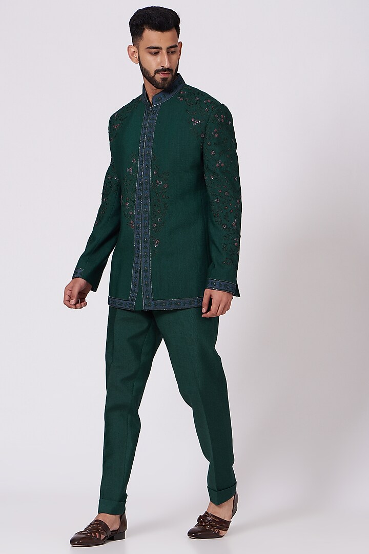 Forest Green Wedding Bandhgala Jacket Set by Jatin Malik at Pernia's Pop Up Shop