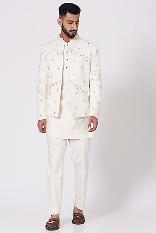 Ivory Kurta Set With Hand Embroidered Jacket by Jatin Malik