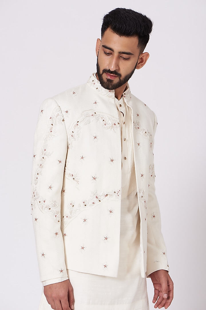 Ivory Kurta Set With Hand Embroidered Jacket by Jatin Malik at Pernia's Pop Up Shop
