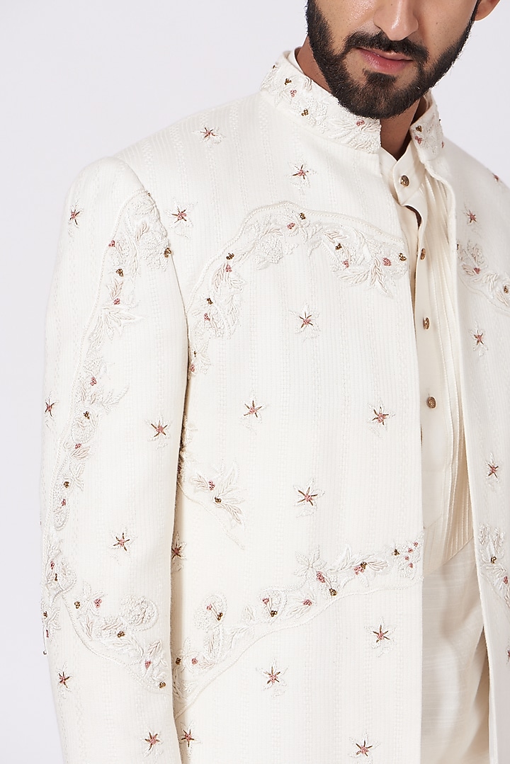 Ivory Kurta Set With Hand Embroidered Jacket by Jatin Malik at Pernia's Pop Up Shop