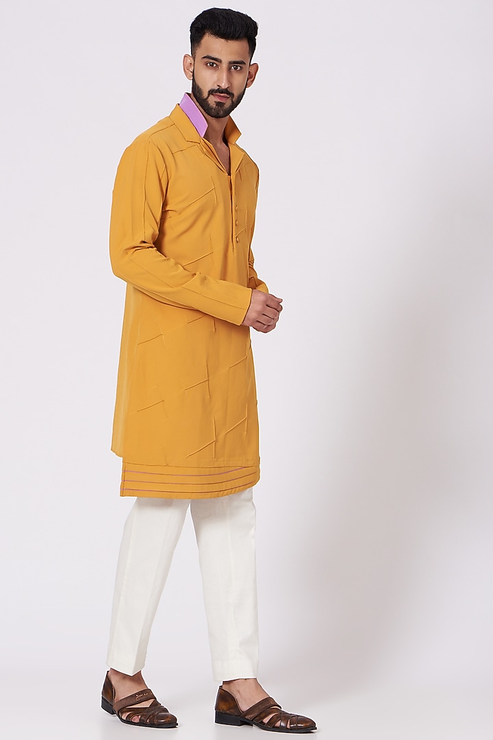 Mustard Pintucked Kurta Set by Jatin Malik at Pernia's Pop Up Shop
