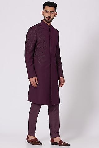 Wine Embroidered Achkan Jacket Set by Jatin Malik