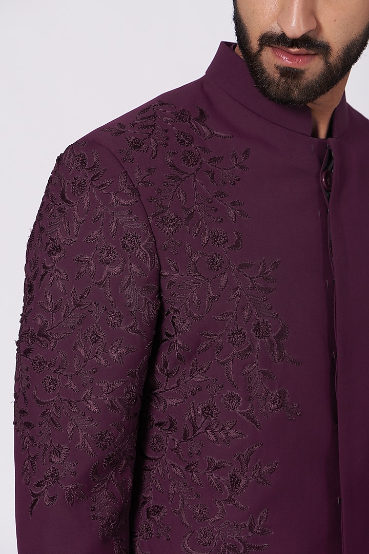 Wine Embroidered Achkan Jacket Set by Jatin Malik at Pernia's Pop Up Shop