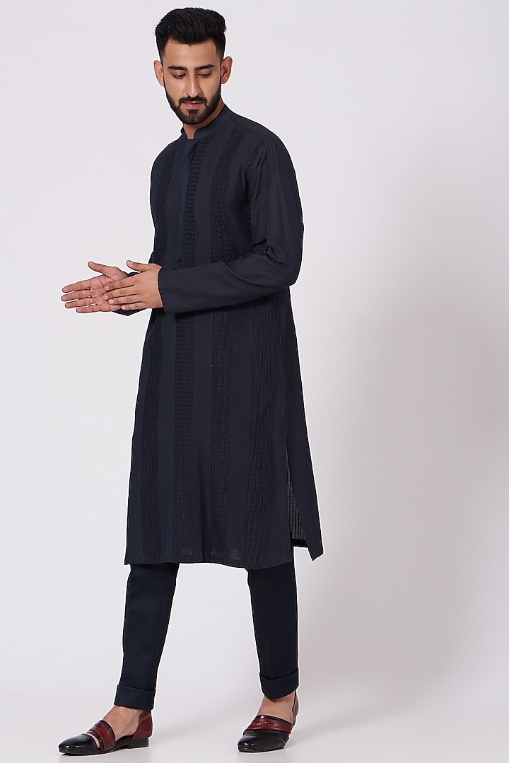 Midnight Blue Pintucked Kurta Set by Jatin Malik at Pernia's Pop Up Shop