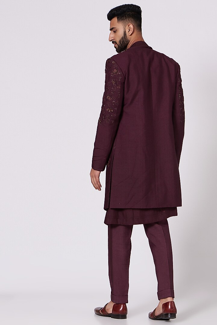 Wine Kurta Set With Embroidered Jacket by Jatin Malik at Pernia's Pop Up Shop