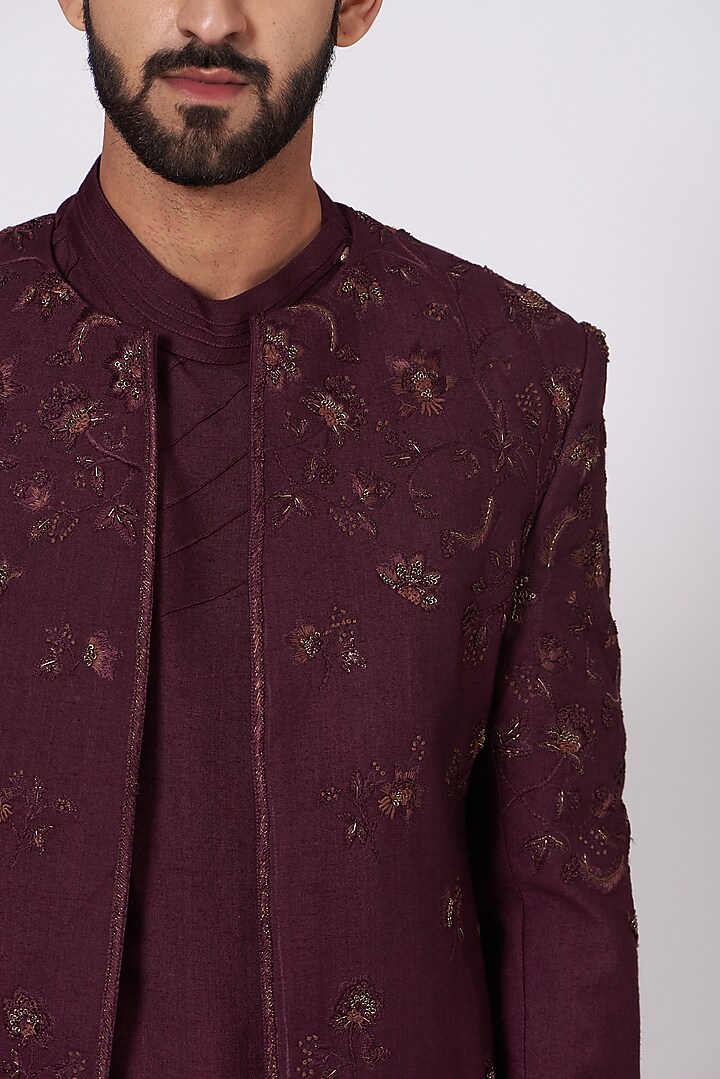 Wine Kurta Set With Embroidered Jacket by Jatin Malik at Pernia's Pop Up Shop