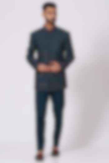 Teal Blue Hand Embroidered Wedding Bandhgala Jacket Set by Jatin Malik at Pernia's Pop Up Shop