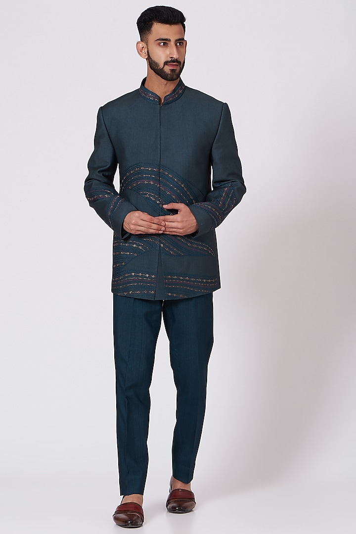 Teal Blue Hand Embroidered Wedding Bandhgala Jacket Set by Jatin Malik at Pernia's Pop Up Shop
