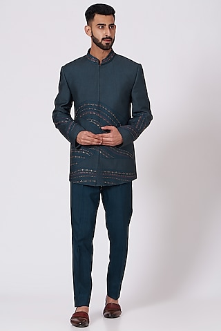 Teal Blue Hand Embroidered Bandhgala Jacket Set by Jatin Malik