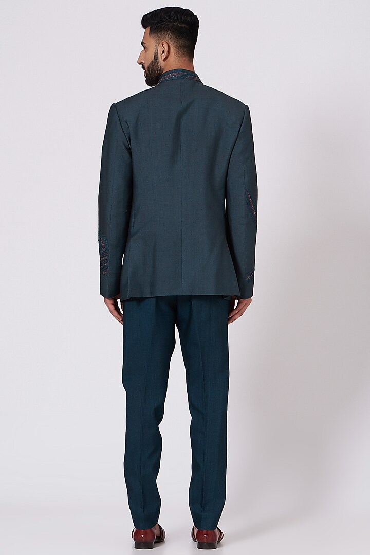 Teal Blue Hand Embroidered Wedding Bandhgala Jacket Set by Jatin Malik at Pernia's Pop Up Shop