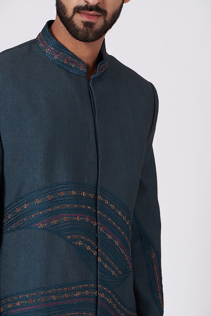 Teal Blue Hand Embroidered Wedding Bandhgala Jacket Set by Jatin Malik at Pernia's Pop Up Shop