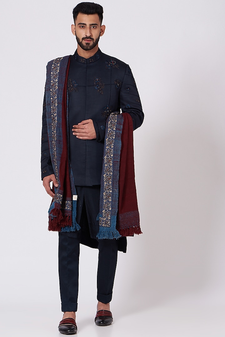 Midnight Blue Bandhgala Jacket Set by Jatin Malik