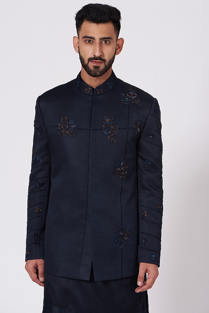 Midnight Blue Groom Bandhgala Jacket Set by Jatin Malik at Pernia's Pop Up Shop
