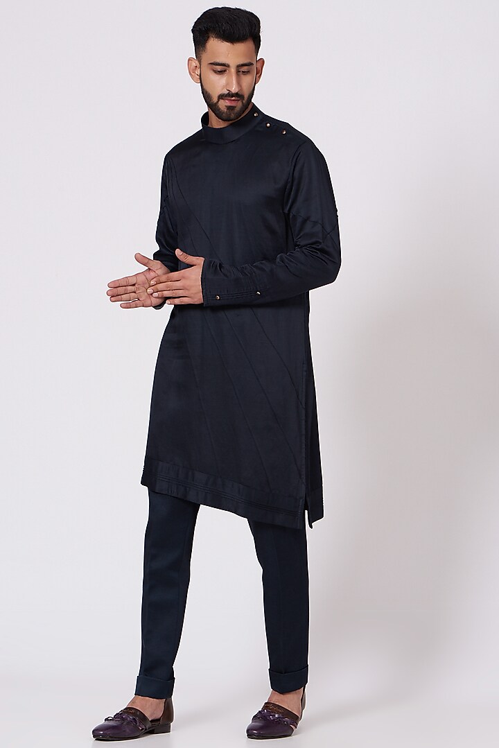 Midnight Blue Groom Bandhgala Jacket Set by Jatin Malik at Pernia's Pop Up Shop