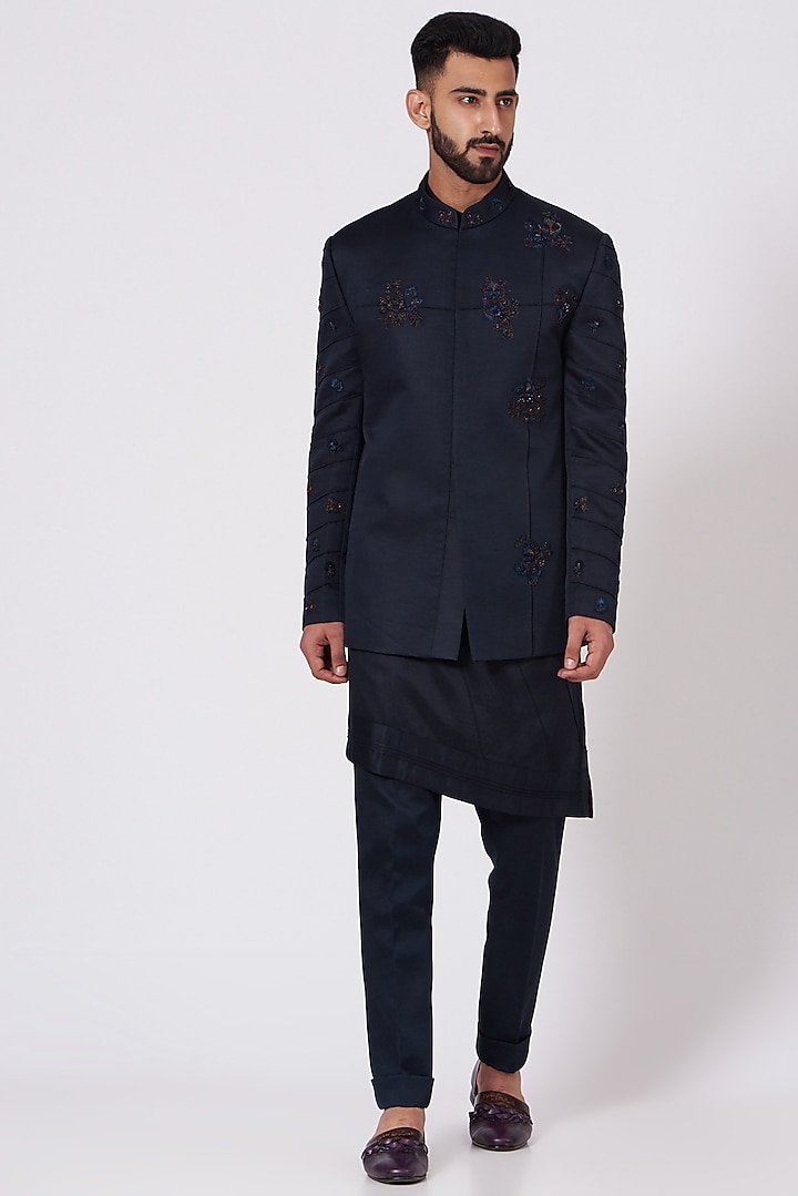 Midnight Blue Groom Bandhgala Jacket Set by Jatin Malik at Pernia's Pop Up Shop