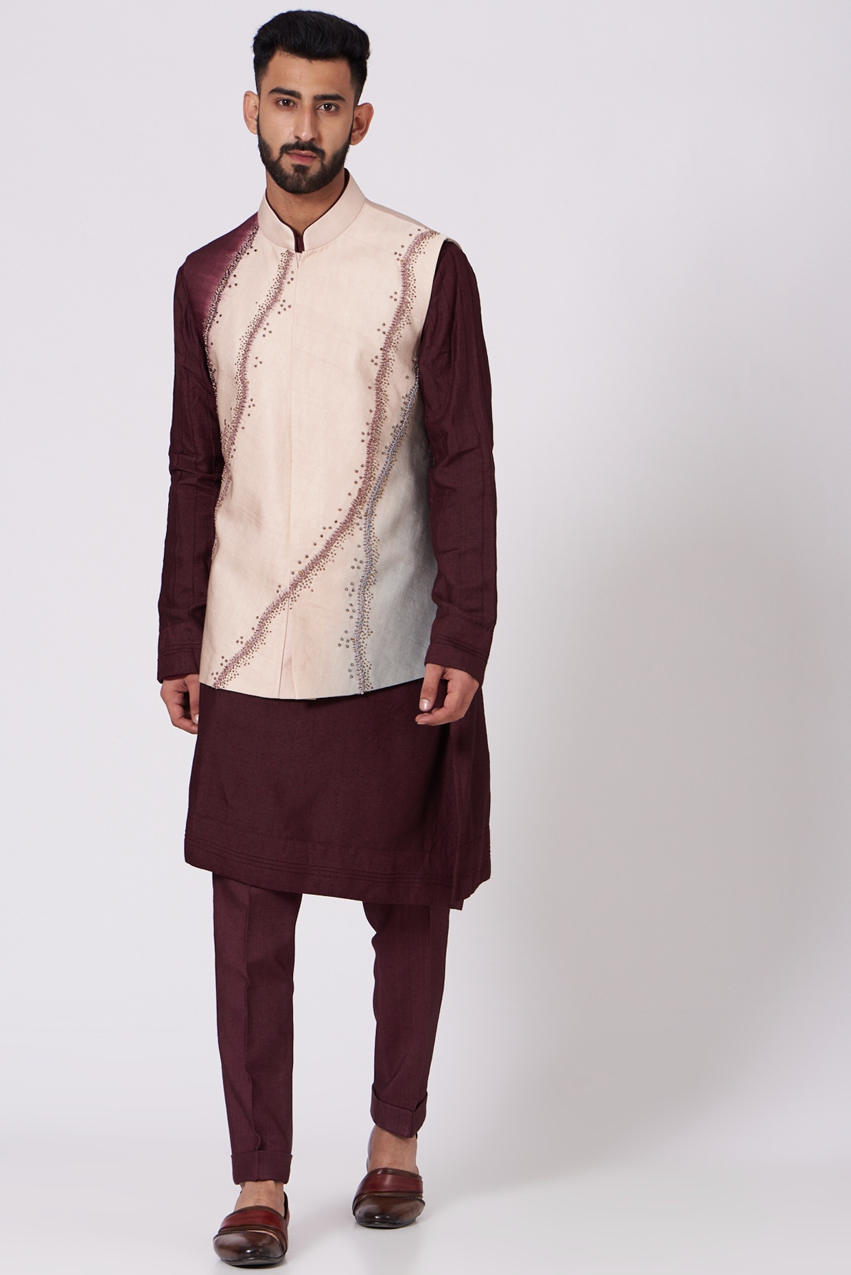 Mirror Embroidered Wine Nehru Jacket Set