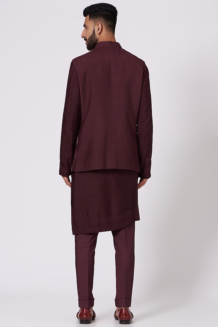 Wine Slub Silk Hand Embroidered Nehru Jacket Set by Jatin Malik at Pernia's Pop Up Shop
