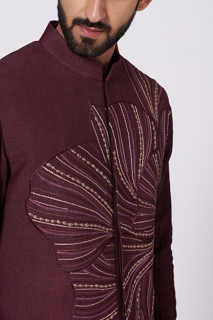 Wine Slub Silk Hand Embroidered Nehru Jacket Set by Jatin Malik at Pernia's Pop Up Shop