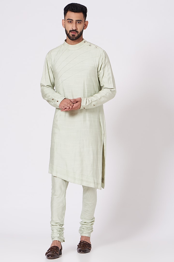 Duckegg Green Slub Silk Asymmetric Kurta Set by Jatin Malik at Pernia's Pop Up Shop