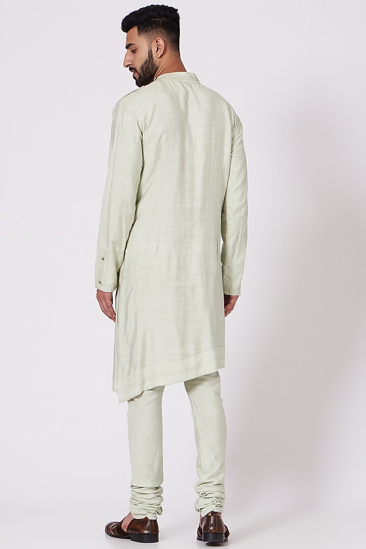 Duckegg Green Slub Silk Asymmetric Kurta Set by Jatin Malik at Pernia's Pop Up Shop