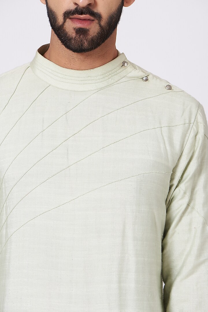 Duckegg Green Slub Silk Asymmetric Kurta Set by Jatin Malik at Pernia's Pop Up Shop