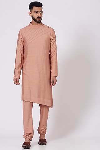 Old Rose Asymmetrical Kurta Set by Jatin Malik
