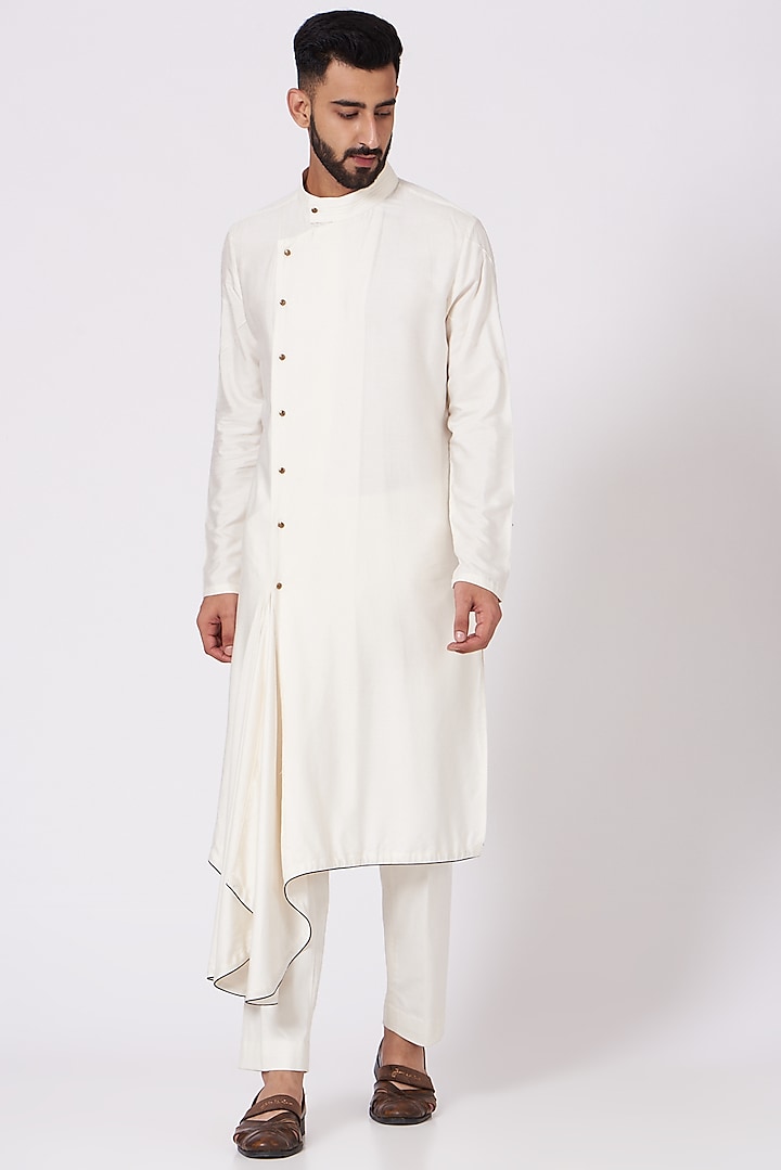 Ivory Draped Angrakha Kurta Set by Jatin Malik