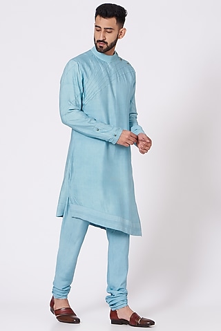 Pool Blue Asymmetrical Kurta Set by Jatin Malik