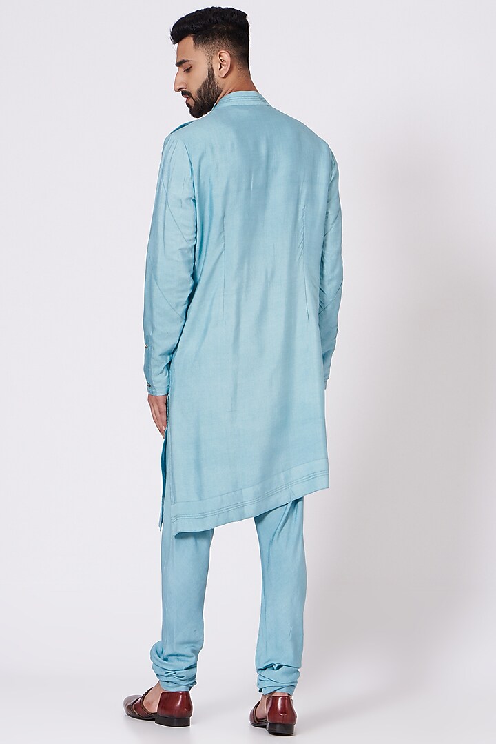 Pool Blue Asymmetrical Kurta Set by Jatin Malik at Pernia's Pop Up Shop