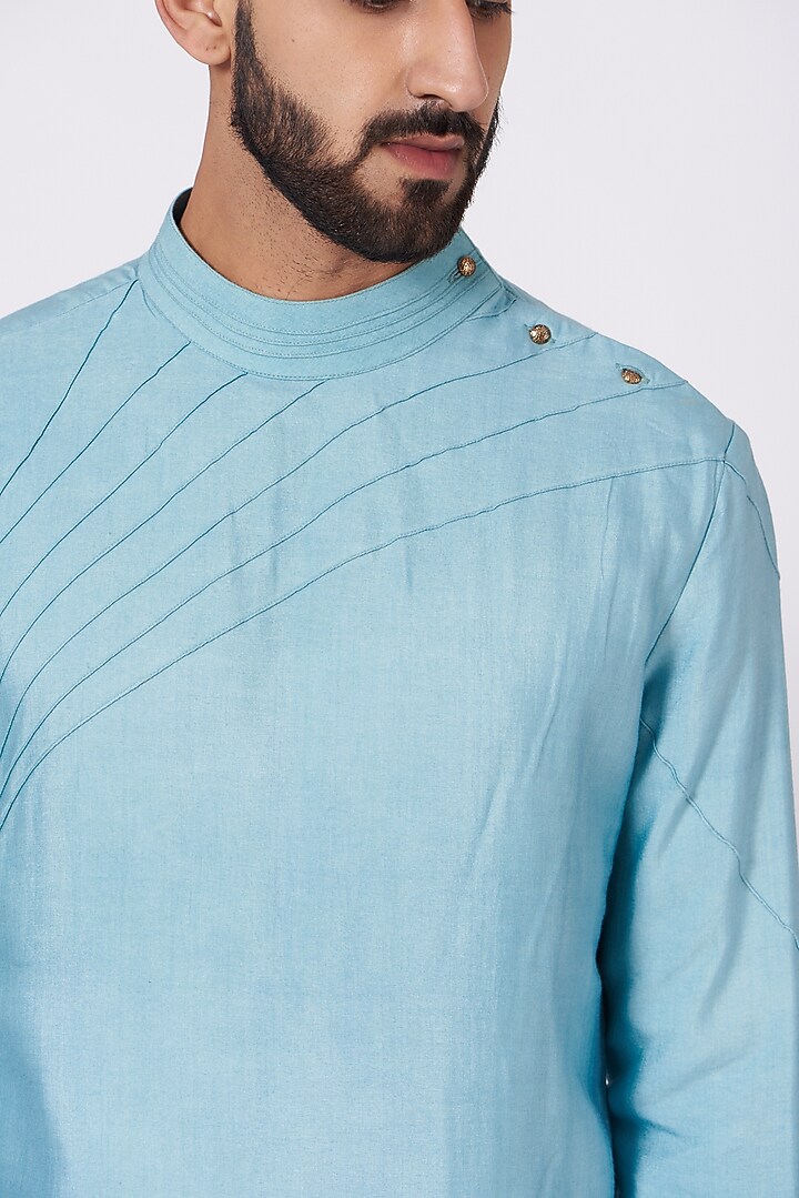 Pool Blue Asymmetrical Kurta Set by Jatin Malik at Pernia's Pop Up Shop