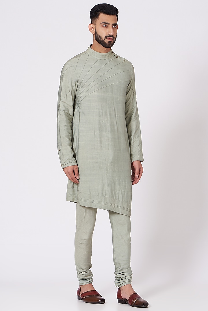 Sage Green Asymmetrical Kurta Set by Jatin Malik