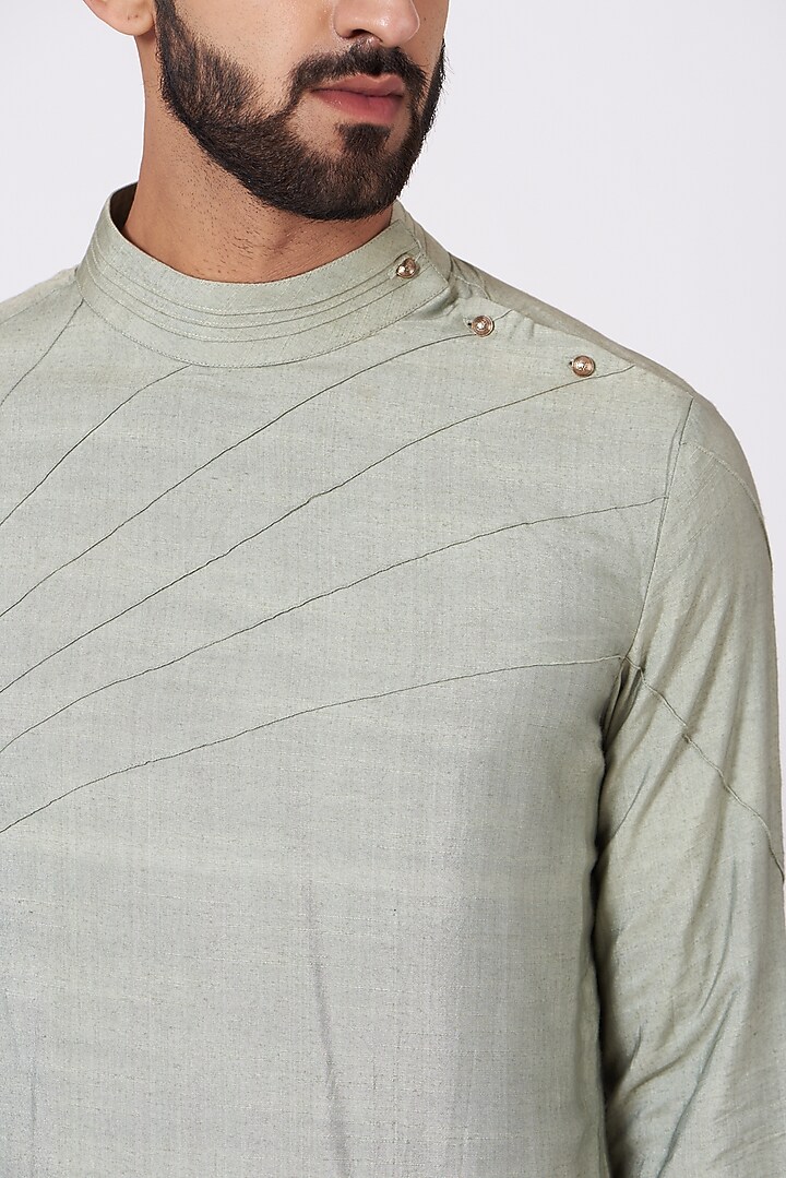 Sage Green Slub Silk Asymmetric Kurta Set by Jatin Malik at Pernia's Pop Up Shop