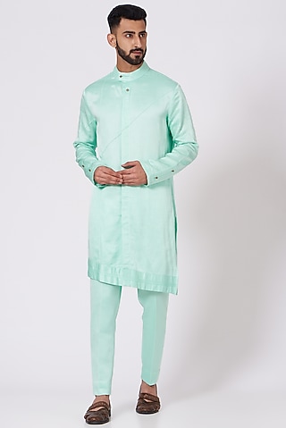 Tiffany Blue Asymmetrical Kurta Set by Jatin Malik