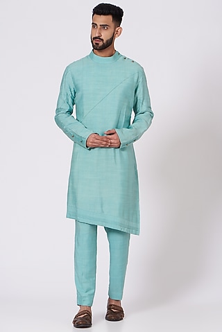 Pool Blue Slub Silk Asymmetrical Kurta Set by Jatin Malik