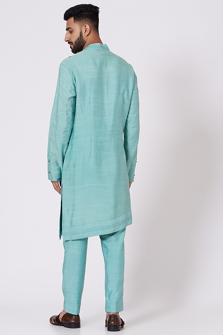 Pool Blue Slub Silk Asymmetrical Kurta Set by Jatin Malik at Pernia's Pop Up Shop