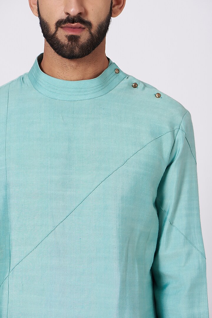 Pool Blue Slub Silk Asymmetrical Kurta Set by Jatin Malik at Pernia's Pop Up Shop