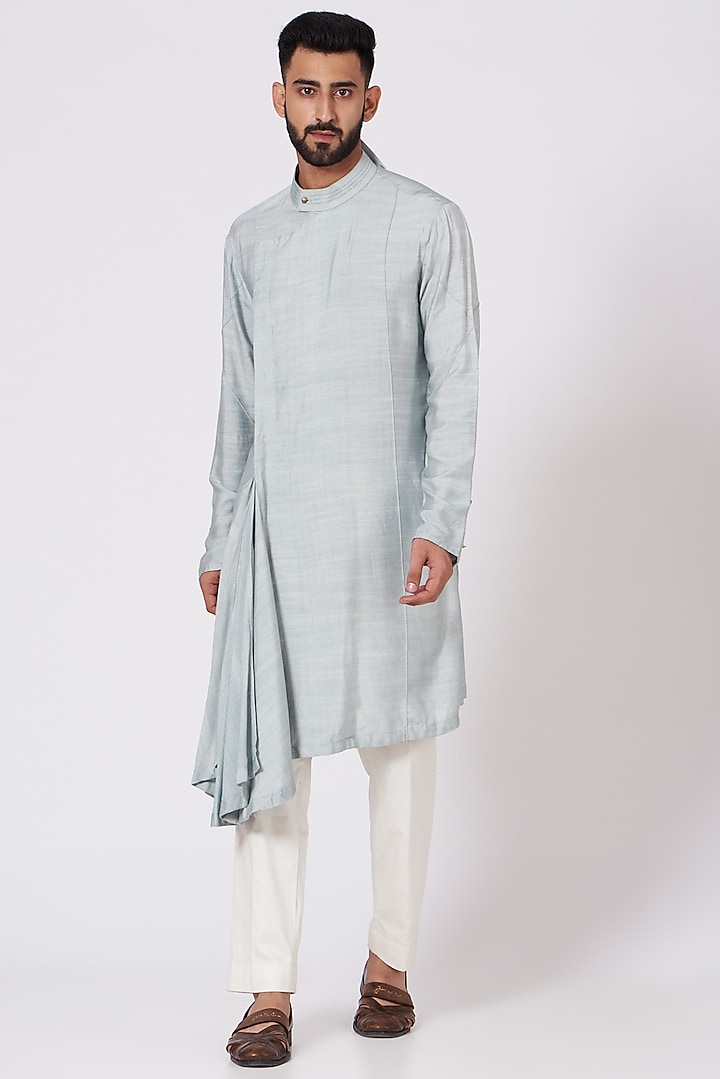 Ice Grey Draped Angrakha Kurta Set by Jatin Malik