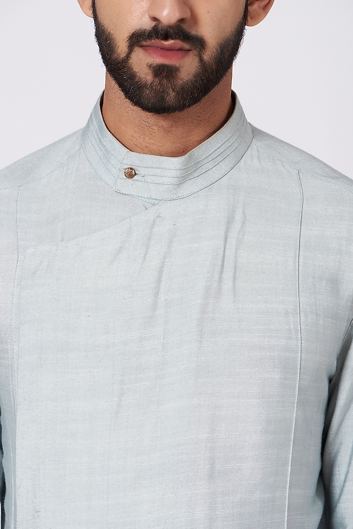 Ice Grey Draped Angrakha Kurta Set by Jatin Malik at Pernia's Pop Up Shop