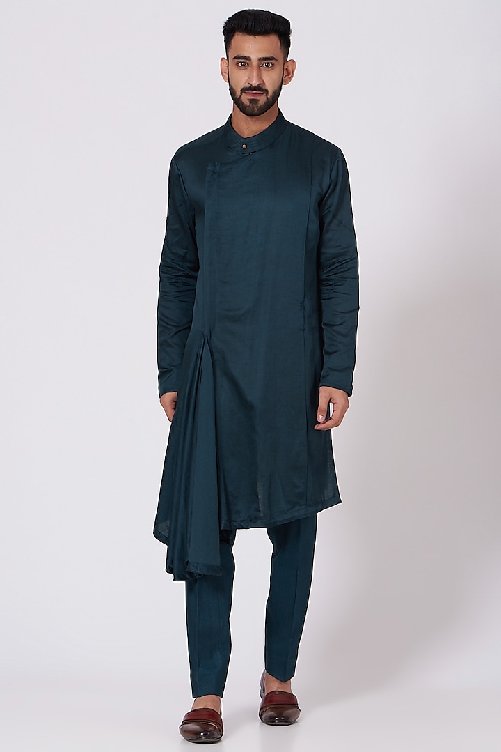 Teal Blue Draped Angrakha Kurta Set by Jatin Malik