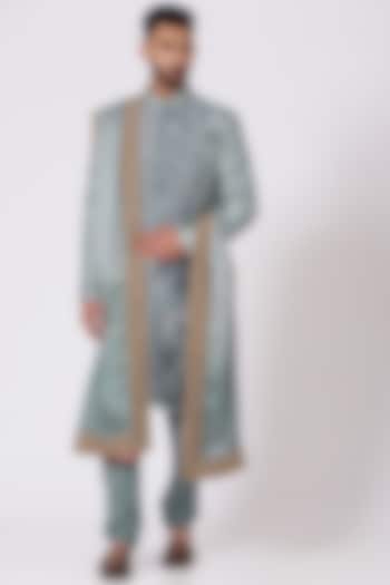 Ice Blue Ombre Linen Silk Resham Embroidered Groom Sherwani Set by Jatin Malik at Pernia's Pop Up Shop