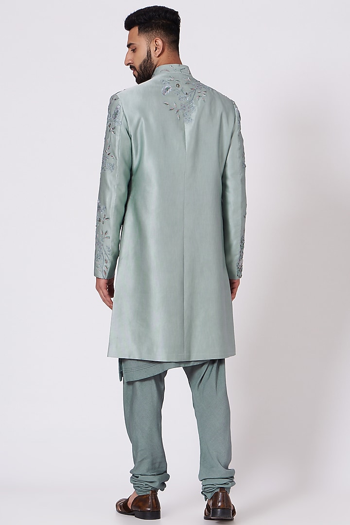 Ice Blue Ombre Linen Silk Resham Embroidered Groom Sherwani Set by Jatin Malik at Pernia's Pop Up Shop