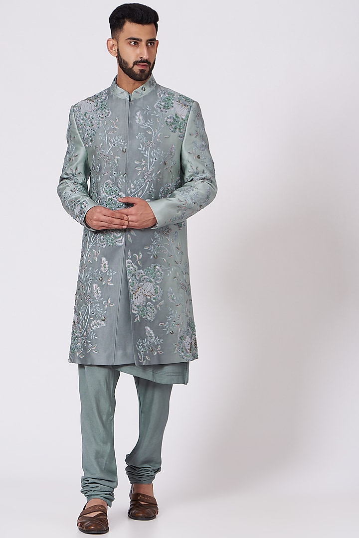 Ice Blue Ombre Linen Silk Resham Embroidered Groom Sherwani Set by Jatin Malik at Pernia's Pop Up Shop