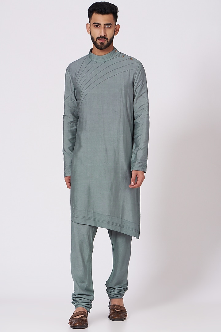 Ice Blue Ombre Linen Silk Resham Embroidered Groom Sherwani Set by Jatin Malik at Pernia's Pop Up Shop