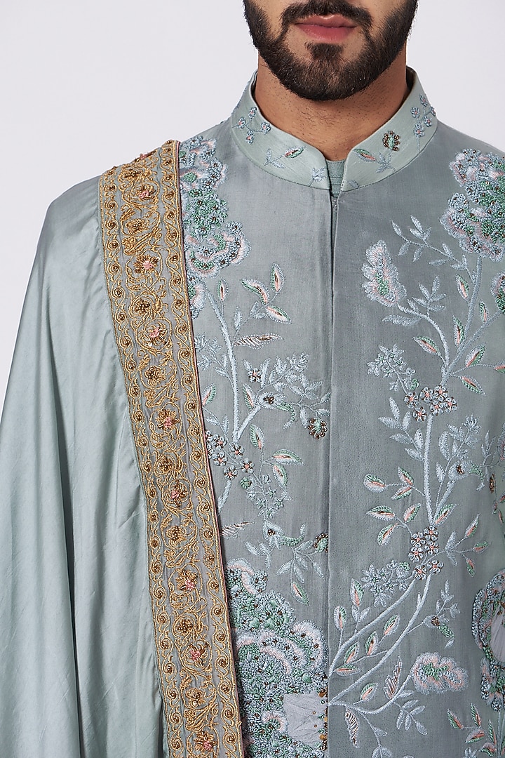 Ice Blue Ombre Linen Silk Resham Embroidered Groom Sherwani Set by Jatin Malik at Pernia's Pop Up Shop