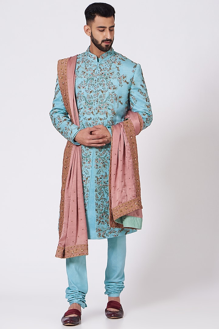 Pool Blue 3D Embroidered Sherwani Set by Jatin Malik