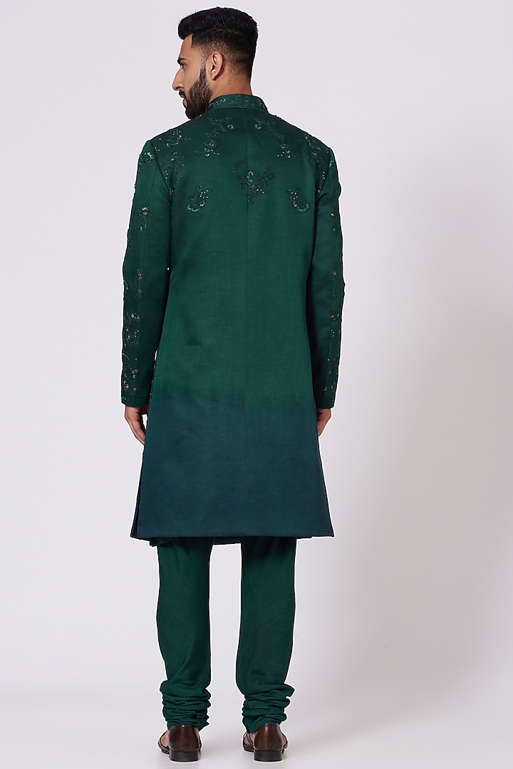 Forest Green & Teal Ombre Slub Silk Floral Embroidered Groom Sherwani Set by Jatin Malik at Pernia's Pop Up Shop