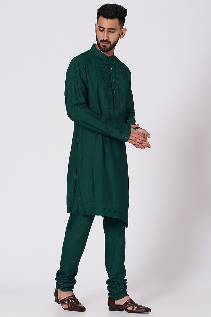 Forest Green & Teal Ombre Slub Silk Floral Embroidered Groom Sherwani Set by Jatin Malik at Pernia's Pop Up Shop