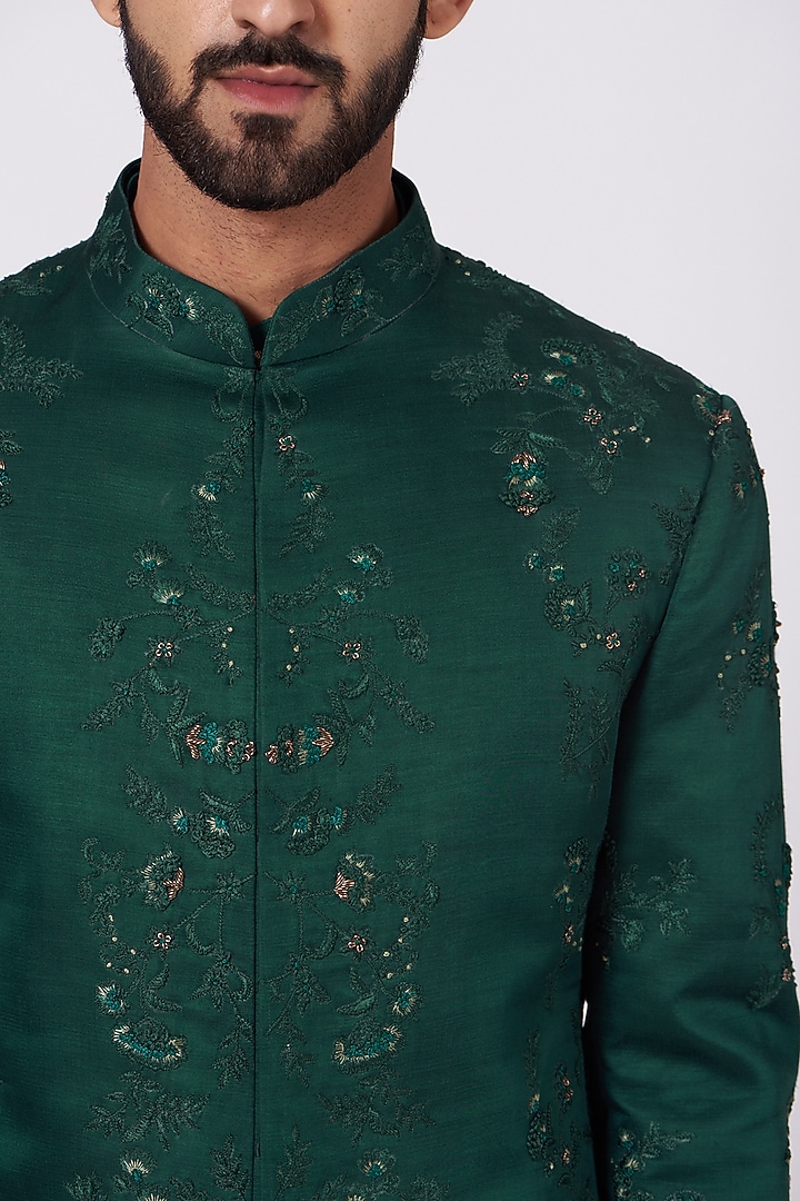 Forest Green & Teal Ombre Slub Silk Floral Embroidered Groom Sherwani Set by Jatin Malik at Pernia's Pop Up Shop